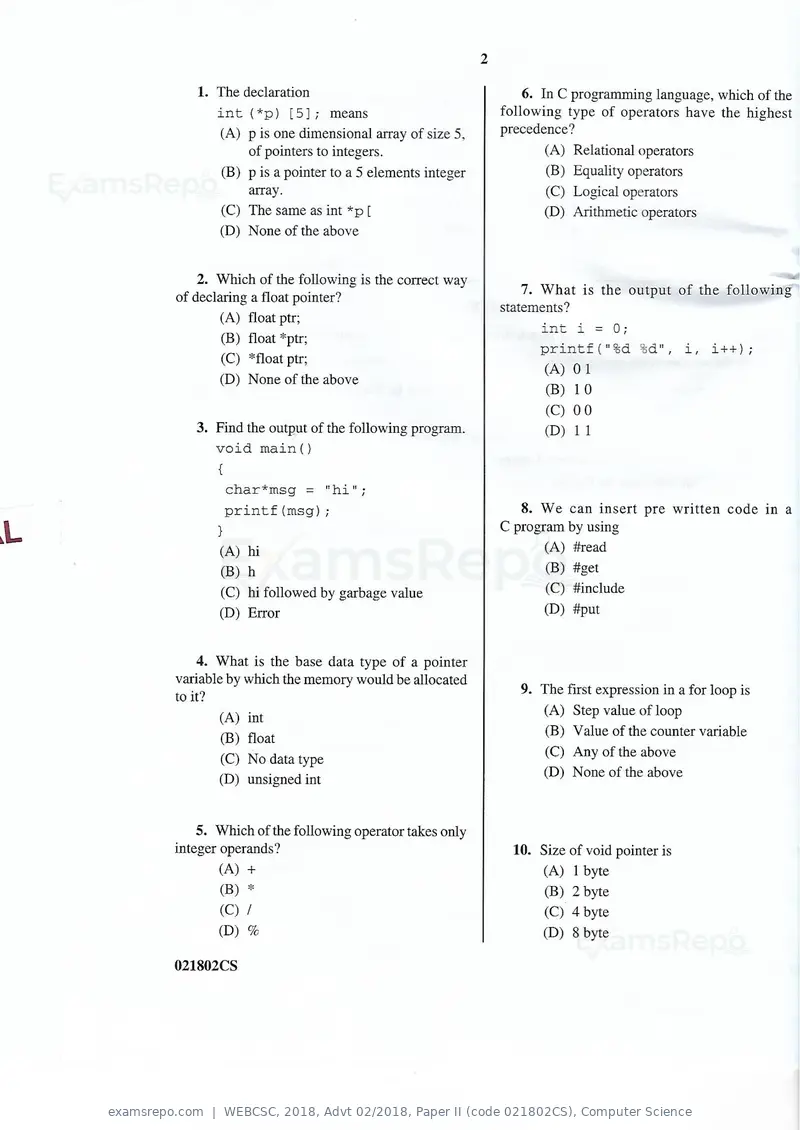 WEBCSC 2018 question paper, Advt 02/2018, Paper II (code 021802CS), Computer Science, page 2 of 11