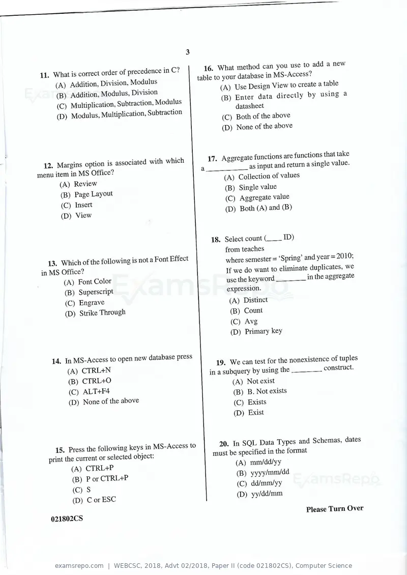 WEBCSC 2018 question paper, Advt 02/2018, Paper II (code 021802CS), Computer Science, page 3 of 11