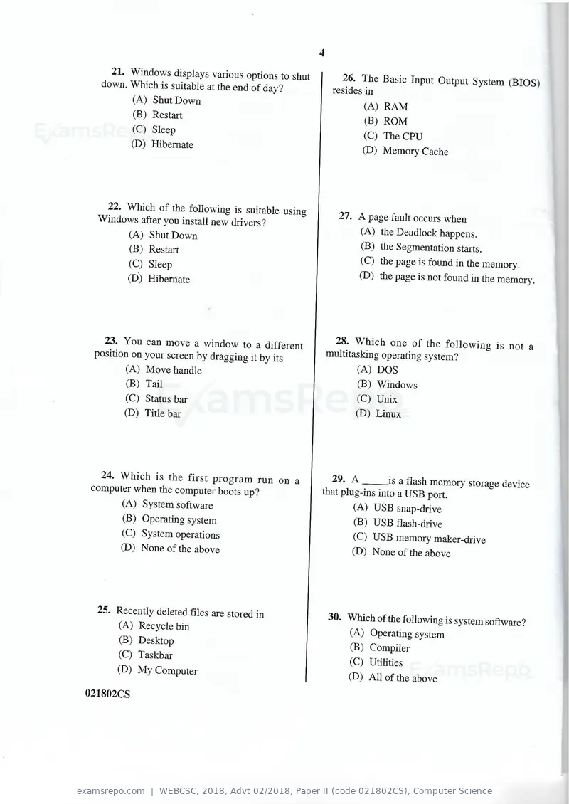 WEBCSC 2018 question paper, Advt 02/2018, Paper II (code 021802CS), Computer Science, page 4 of 11
