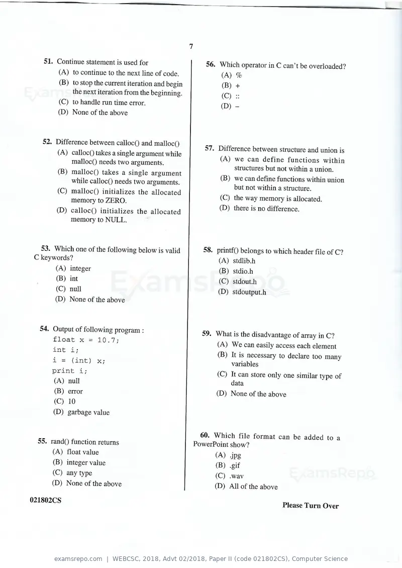 WEBCSC 2018 question paper, Advt 02/2018, Paper II (code 021802CS), Computer Science, page 7 of 11