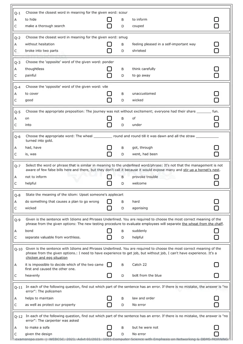 WEBCSC 2021 question paper, Advt 01/2021, 1003 Computer Science with Emphasis on Networking & DBMS-MORNING, page 1 of 24