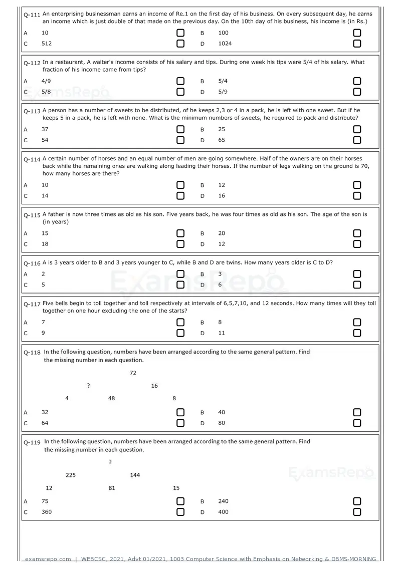 WEBCSC 2021 question paper, Advt 01/2021, 1003 Computer Science with Emphasis on Networking & DBMS-MORNING, page 10 of 24