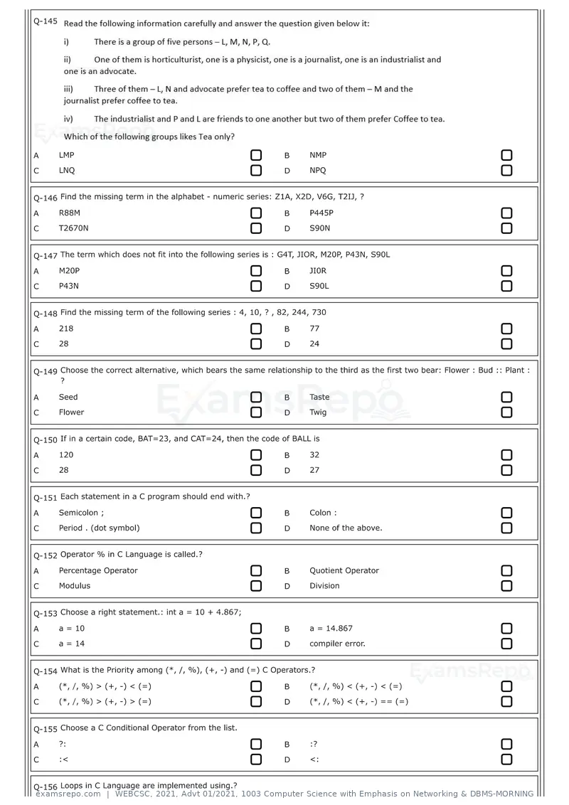 WEBCSC 2021 question paper, Advt 01/2021, 1003 Computer Science with Emphasis on Networking & DBMS-MORNING, page 16 of 24