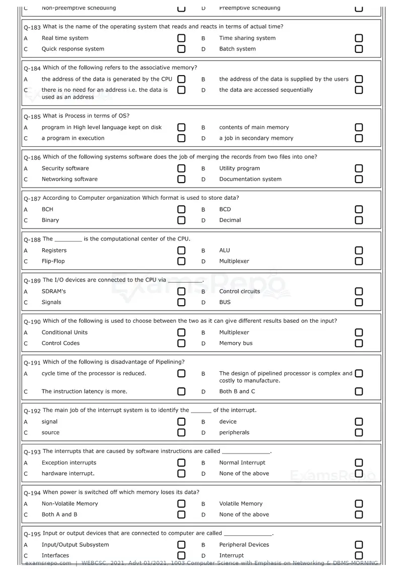 WEBCSC 2021 question paper, Advt 01/2021, 1003 Computer Science with Emphasis on Networking & DBMS-MORNING, page 19 of 24