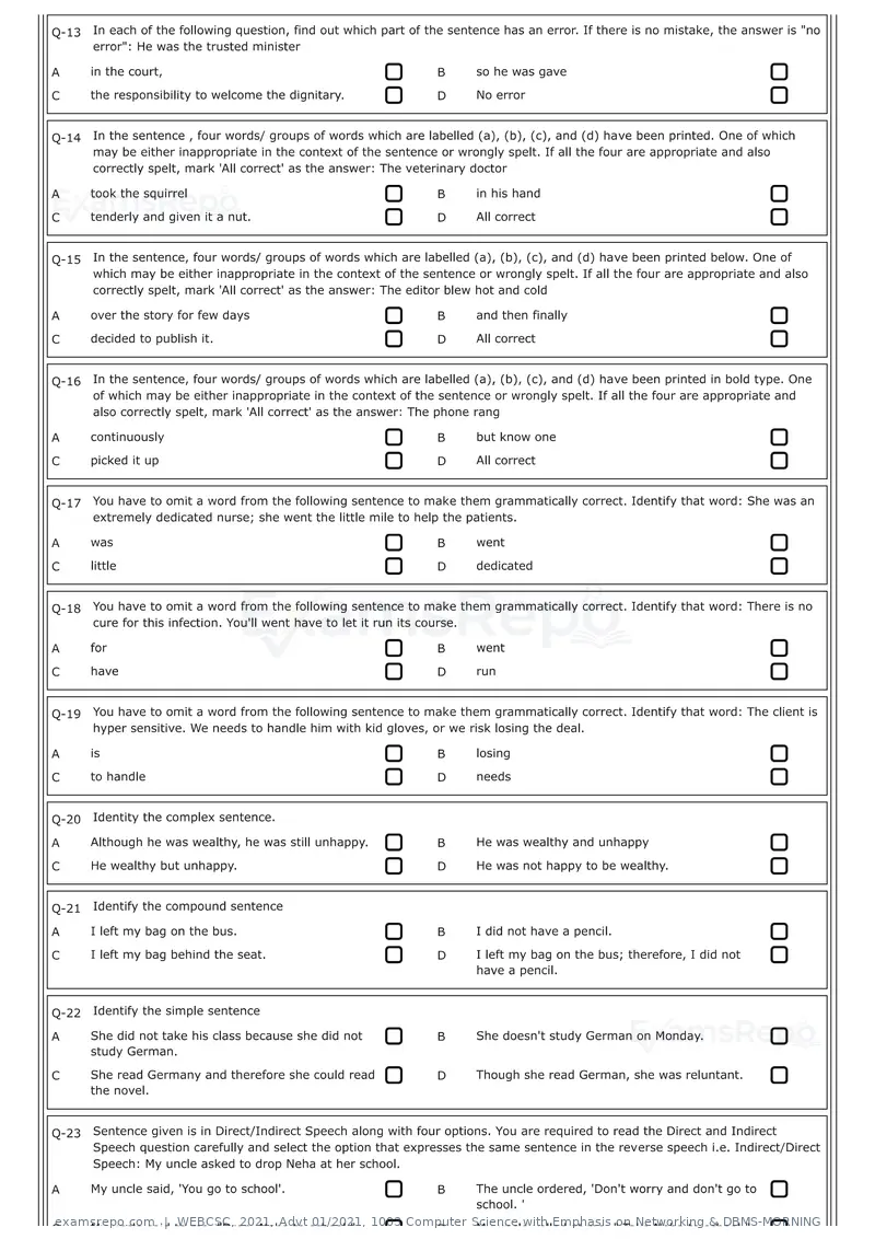 WEBCSC 2021 question paper, Advt 01/2021, 1003 Computer Science with Emphasis on Networking & DBMS-MORNING, page 2 of 24