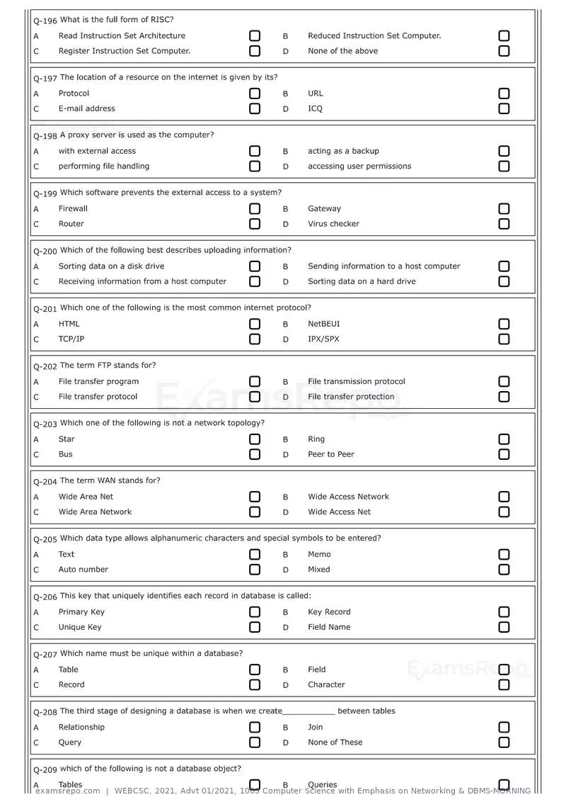 WEBCSC 2021 question paper, Advt 01/2021, 1003 Computer Science with Emphasis on Networking & DBMS-MORNING, page 20 of 24