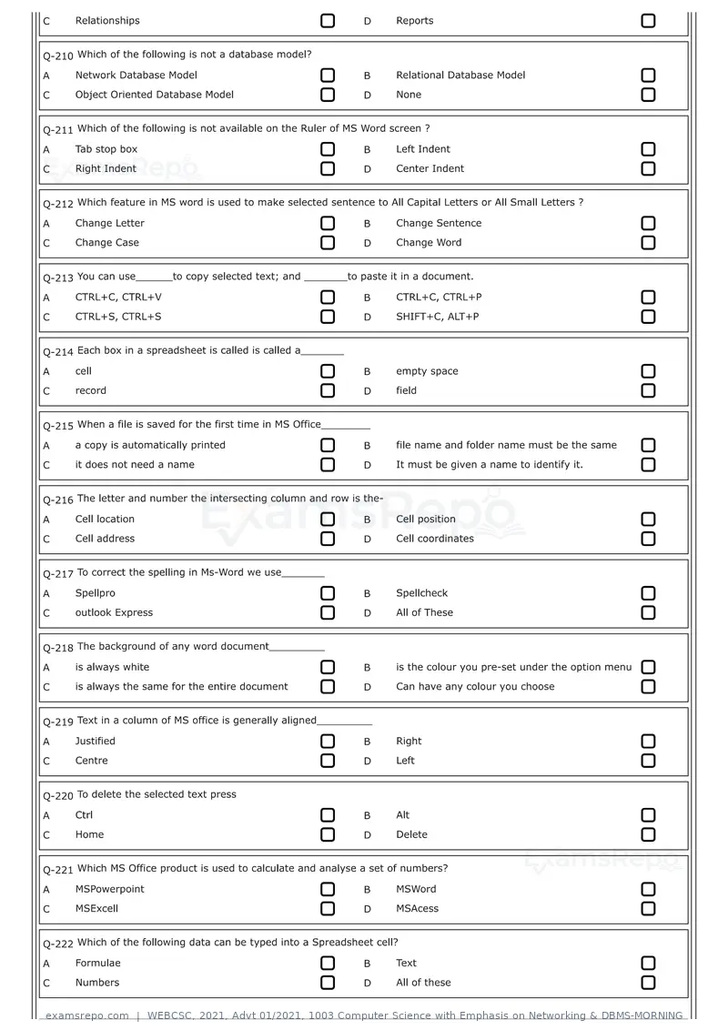 WEBCSC 2021 question paper, Advt 01/2021, 1003 Computer Science with Emphasis on Networking & DBMS-MORNING, page 21 of 24