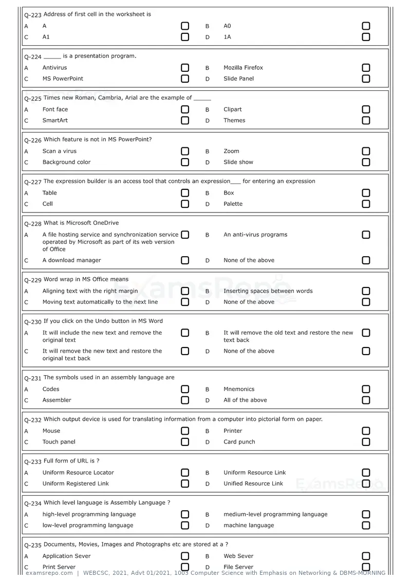 WEBCSC 2021 question paper, Advt 01/2021, 1003 Computer Science with Emphasis on Networking & DBMS-MORNING, page 22 of 24