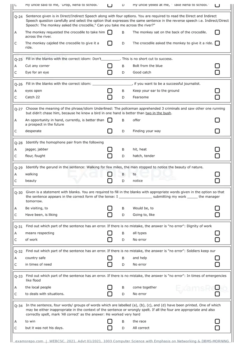 WEBCSC 2021 question paper, Advt 01/2021, 1003 Computer Science with Emphasis on Networking & DBMS-MORNING, page 3 of 24