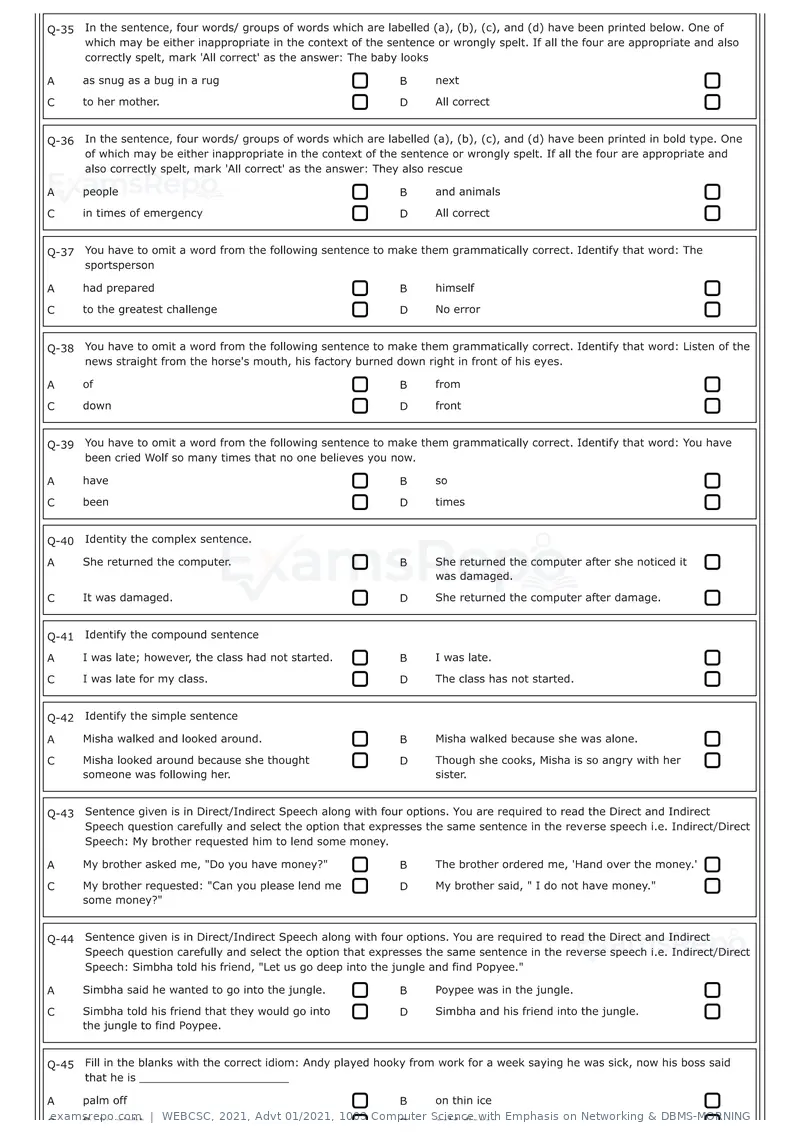 WEBCSC 2021 question paper, Advt 01/2021, 1003 Computer Science with Emphasis on Networking & DBMS-MORNING, page 4 of 24