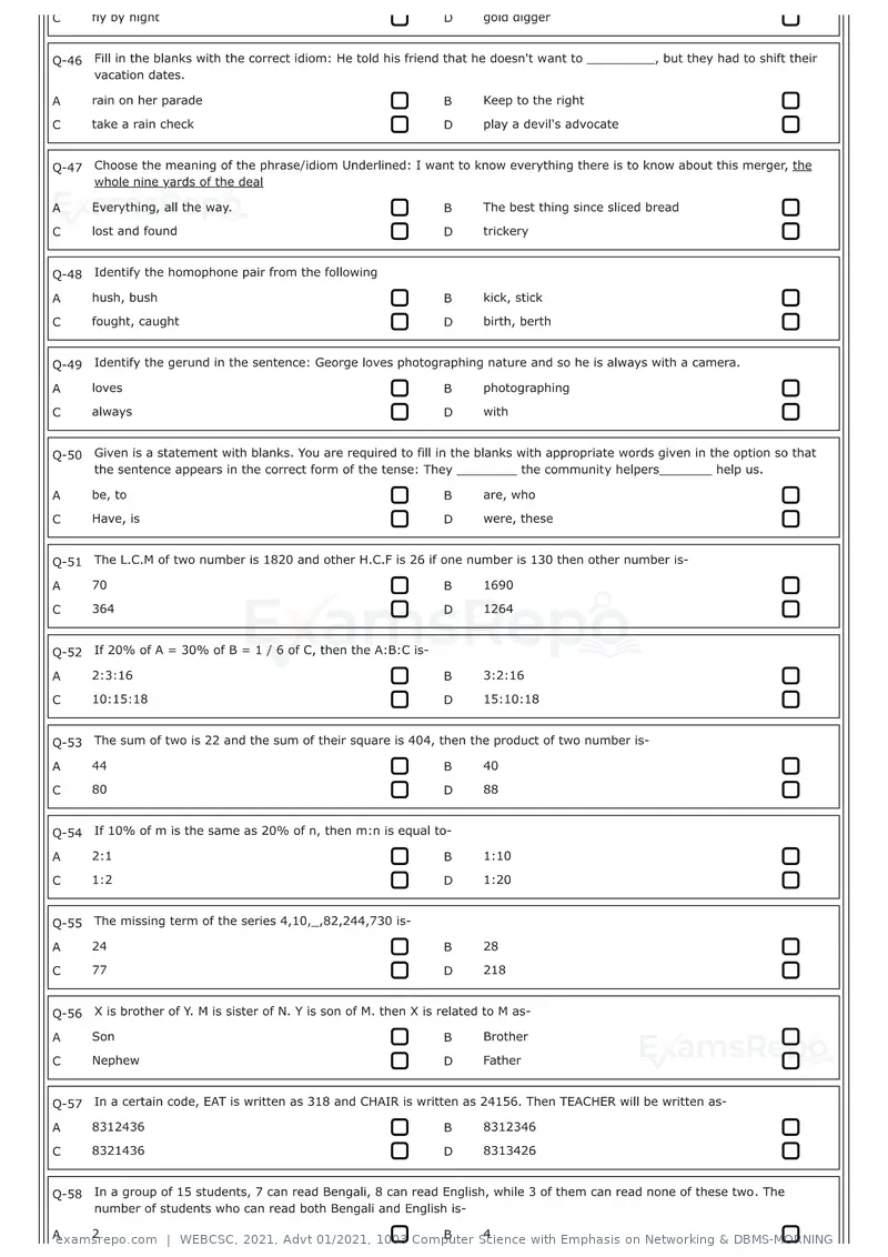 WEBCSC 2021 question paper, Advt 01/2021, 1003 Computer Science with Emphasis on Networking & DBMS-MORNING, page 5 of 24