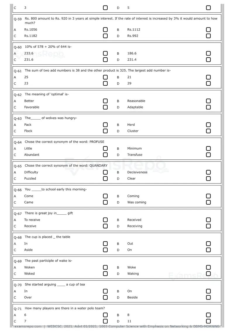 WEBCSC 2021 question paper, Advt 01/2021, 1003 Computer Science with Emphasis on Networking & DBMS-MORNING, page 6 of 24