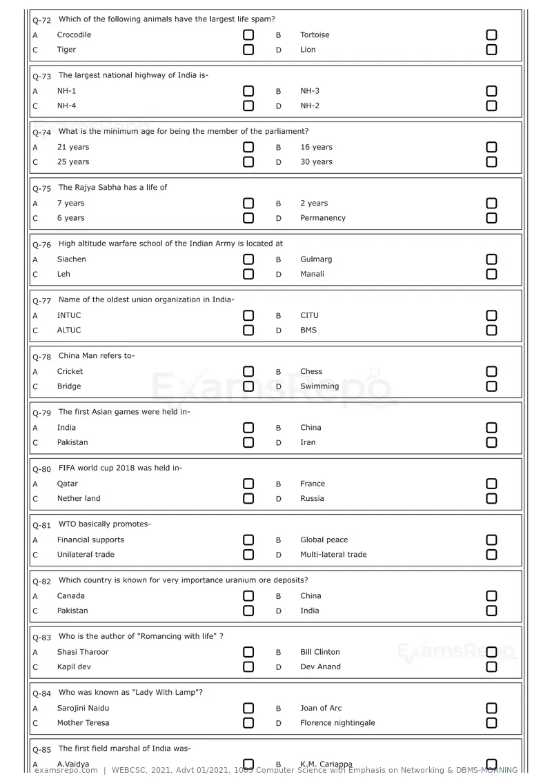 WEBCSC 2021 question paper, Advt 01/2021, 1003 Computer Science with Emphasis on Networking & DBMS-MORNING, page 7 of 24