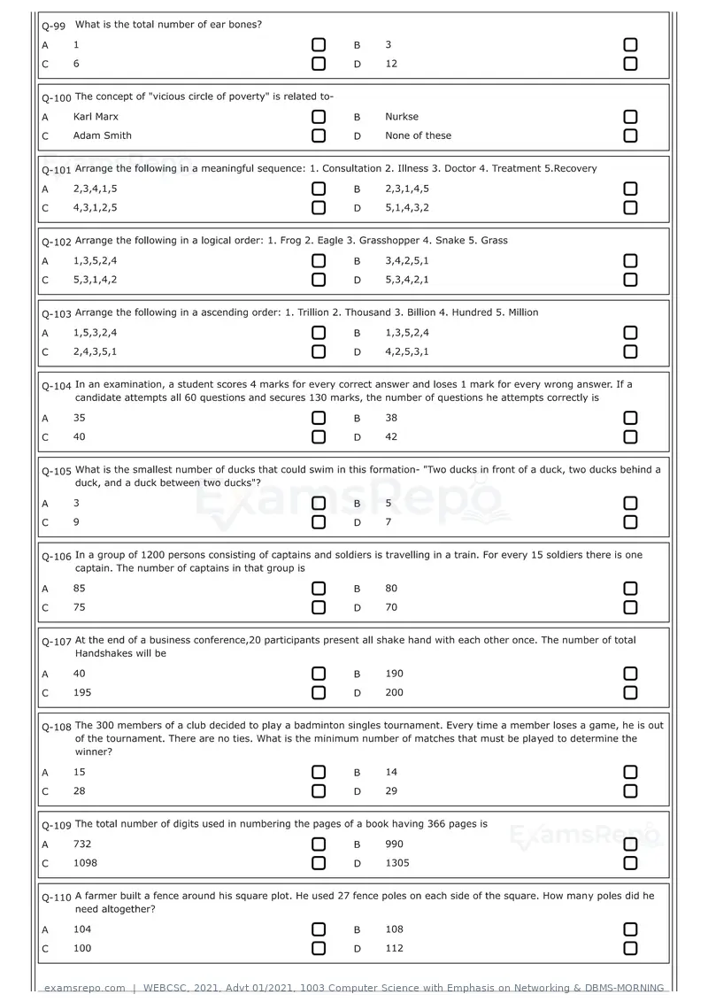 WEBCSC 2021 question paper, Advt 01/2021, 1003 Computer Science with Emphasis on Networking & DBMS-MORNING, page 9 of 24