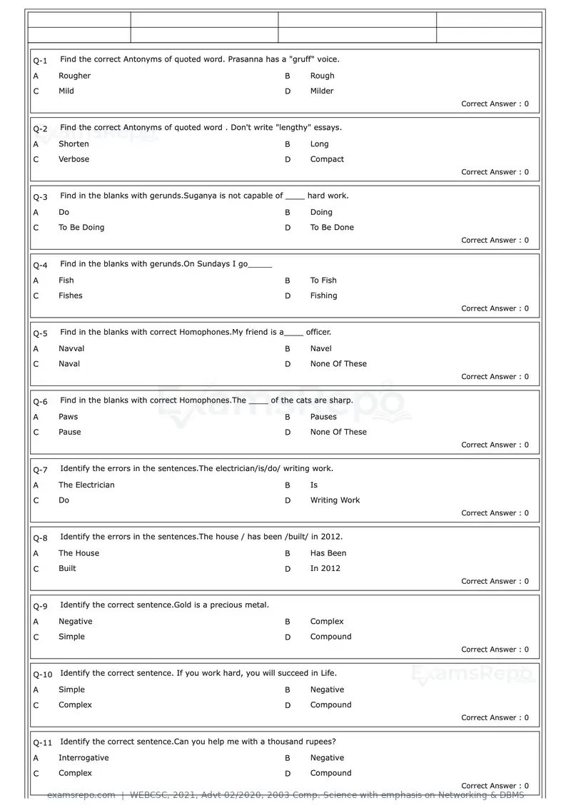 WEBCSC 2021 question paper, Advt 02/2020, 2003 Comp. Science with emphasis on Networking & DBMS, page 1 of 23