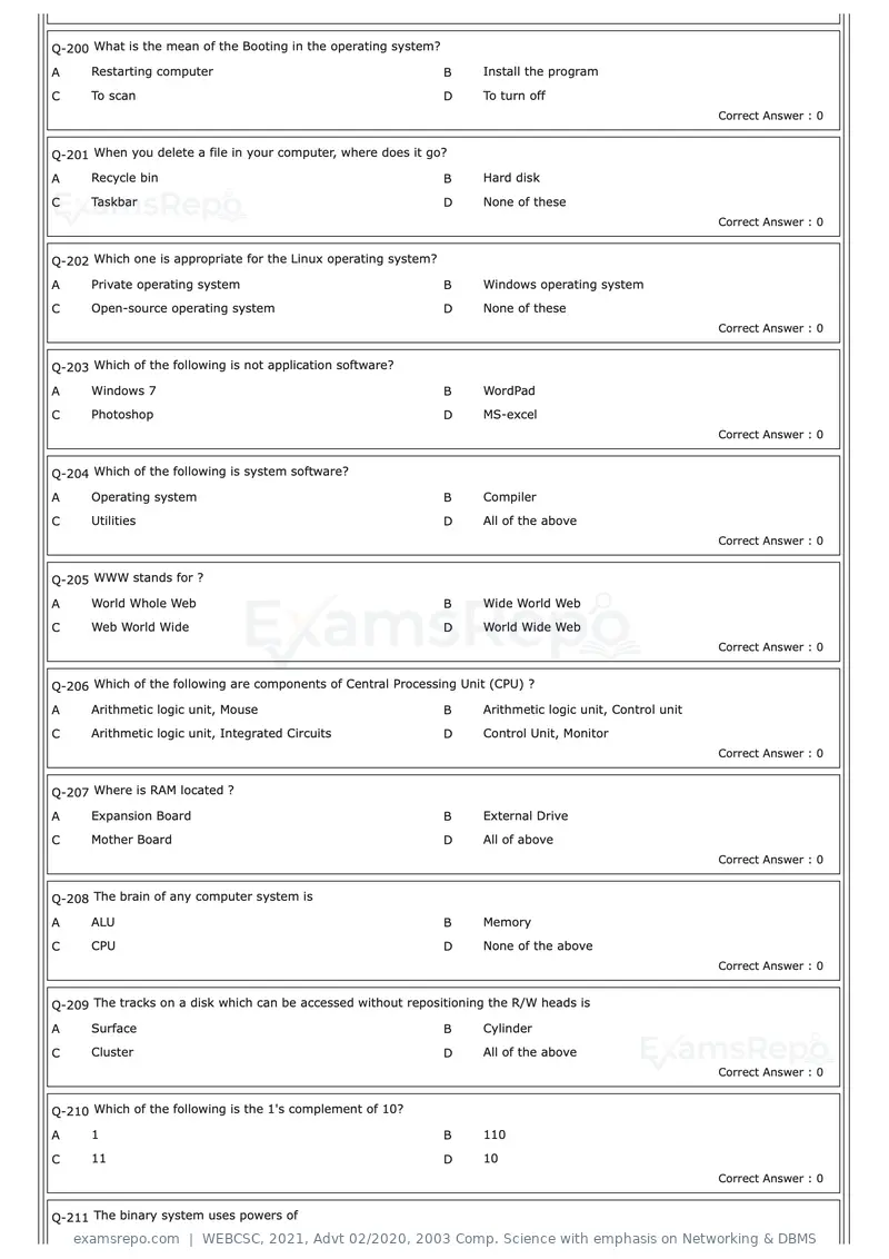 WEBCSC 2021 question paper, Advt 02/2020, 2003 Comp. Science with emphasis on Networking & DBMS, page 19 of 23
