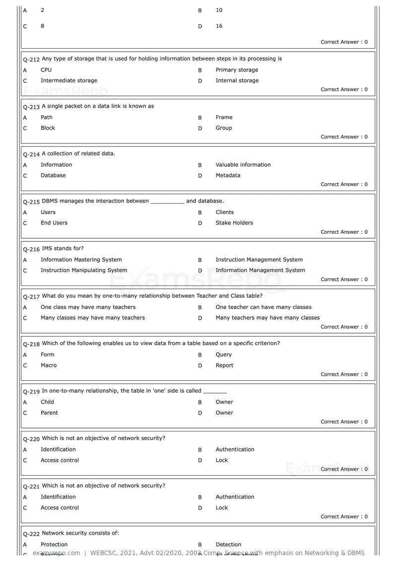 WEBCSC 2021 question paper, Advt 02/2020, 2003 Comp. Science with emphasis on Networking & DBMS, page 20 of 23